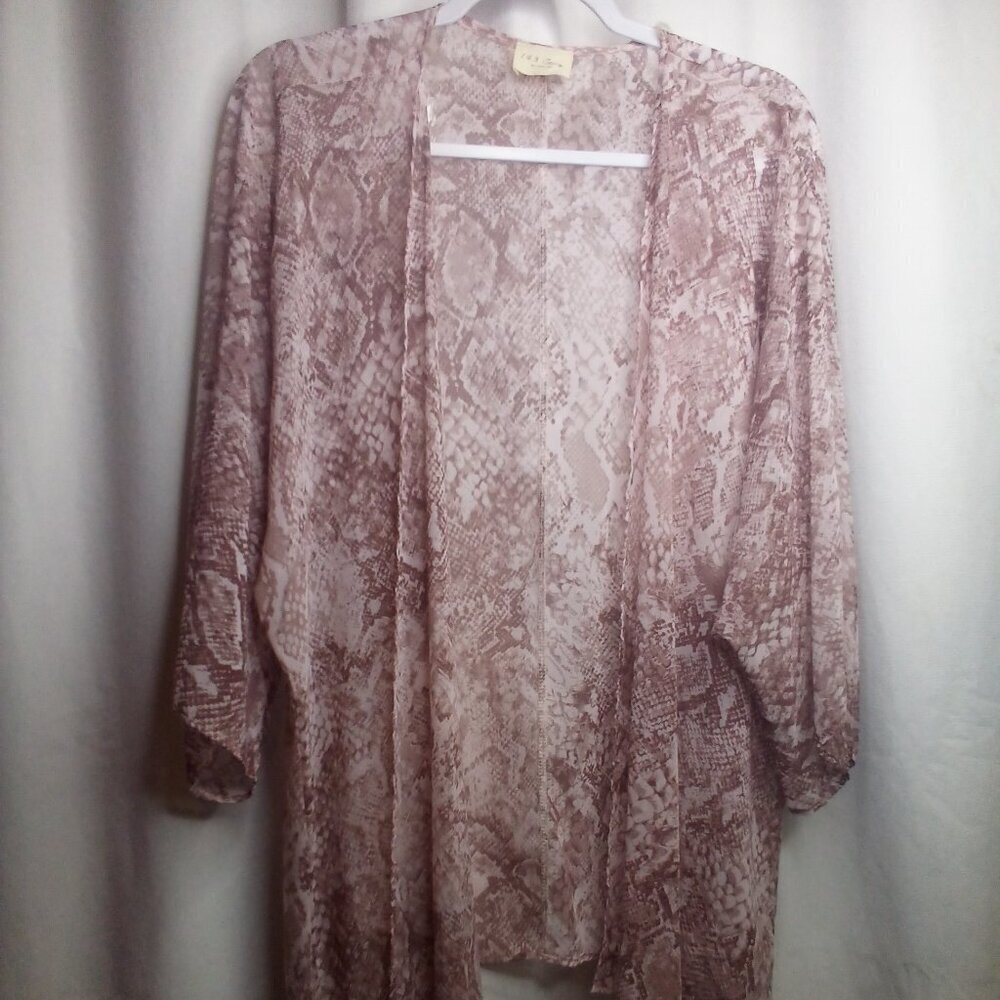 143 Story by Line Up Blouse Shirt Open Front M Women Sheer Short Sleeve Tan